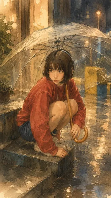 Gentle rainy night hand drawn illustration style