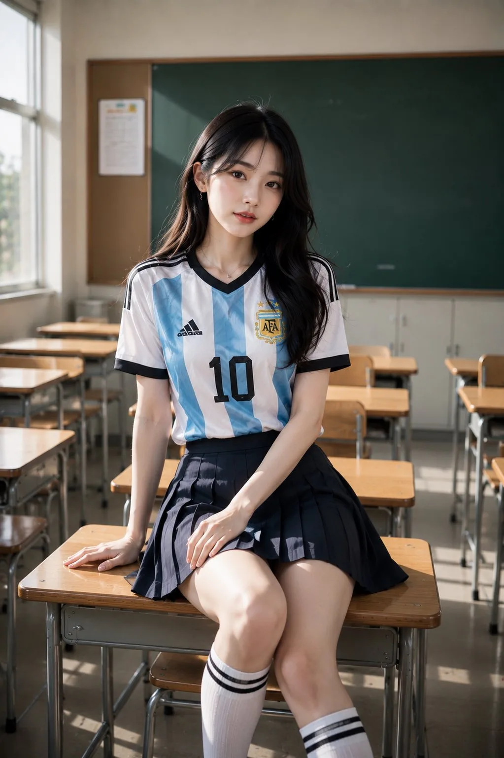 Korean model argentina jersey classroom fashion editorial — Sonra