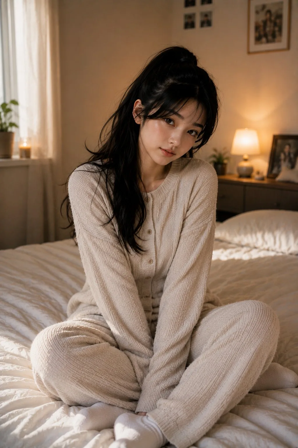Cozy east asian woman bedroom portrait — After