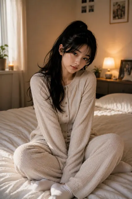 Cozy east asian woman bedroom portrait