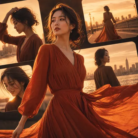 Cinematic japanese fashion sunset collage prompt