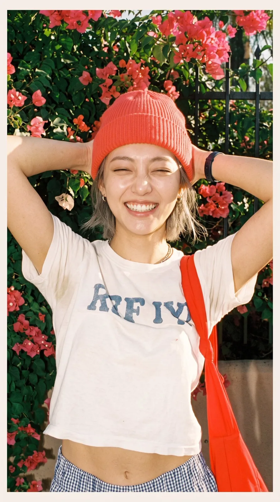 90s sunlit bougainvillea snapshot portrait — Sonra