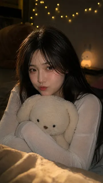 Indoor night korean girl rabbit plush snapshot