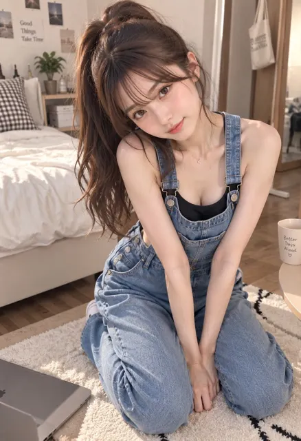 Japanese woman denim overalls bedroom iphone photo
