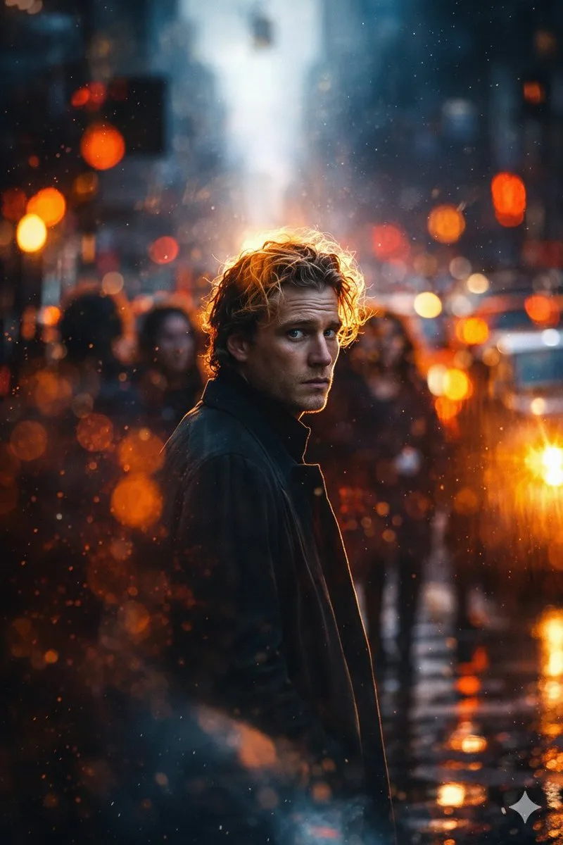 Rainy city blond boy glance — Sonra