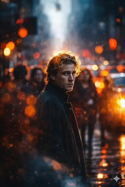 Rainy city blond boy glance