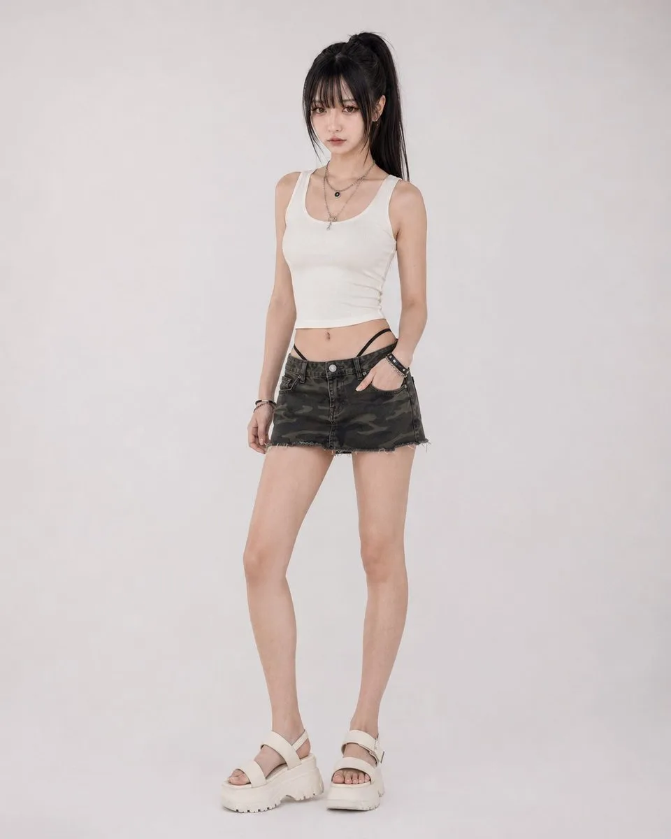 Y2k military casual camo skirt tank top — After