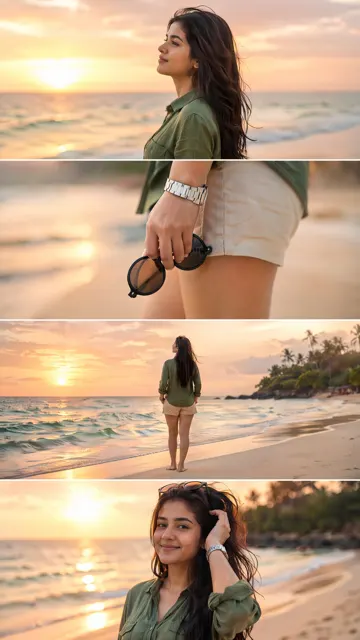 Cinematic beach photoshoot portrait collage prompt