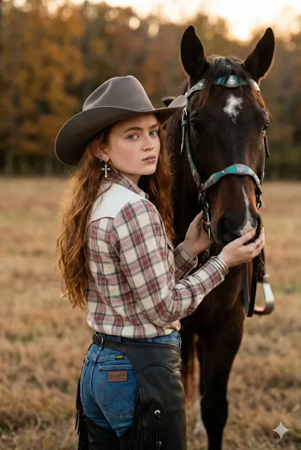 Golden sunset cowgirl with horse