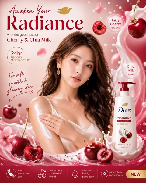 Premium cherry chia milk body lotion ad poster