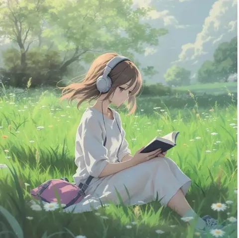 Anime girl reading meadow headphones