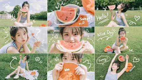 Summer girl watermelon nine grid collage