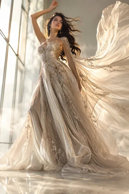 Ultra realistic vogue editorial champagne gold couture