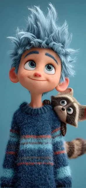 Pixar blue hair boy with pet