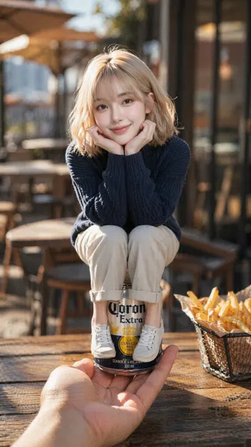 Hyper realistic woman on corona beer can photography