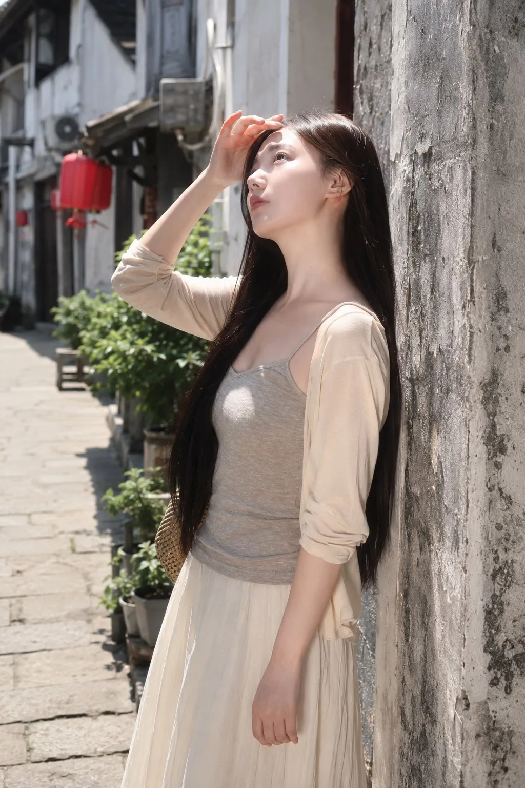East asian woman old town alley fashion portrait — After