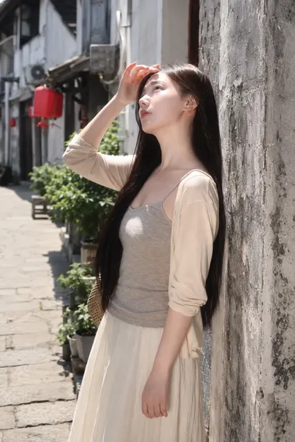 East asian woman old town alley fashion portrait