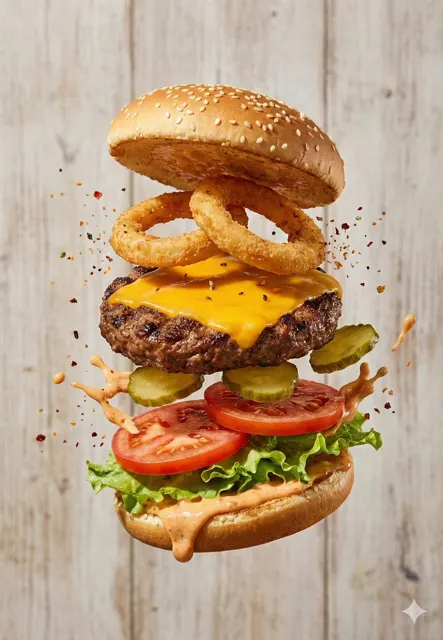 Suspended deconstructed burger photography