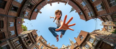 Fisheye lens pixar jumping girl