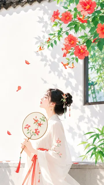 Oriental zen minimalist summer illustration woman fan