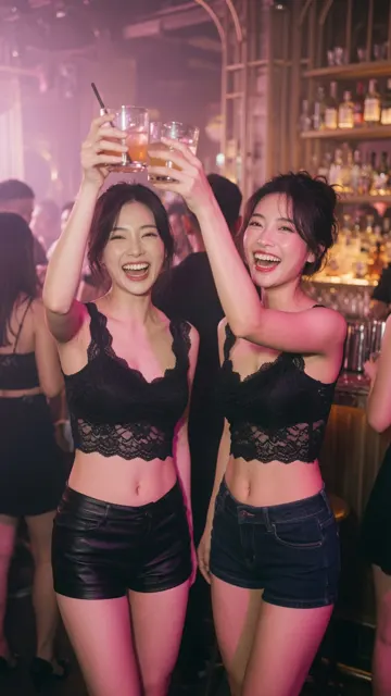 East asian women bar party candid photography