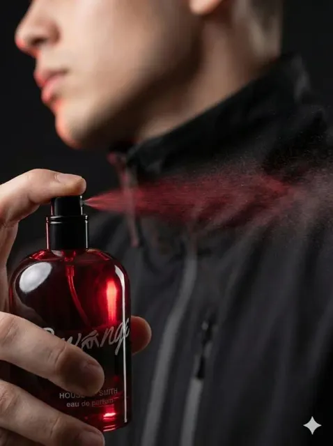 Trendy man red perfume campaign