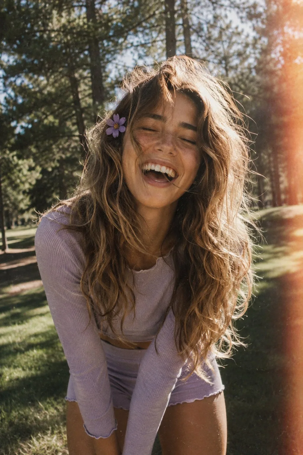 Film style candid portrait joyful woman lavender set — After