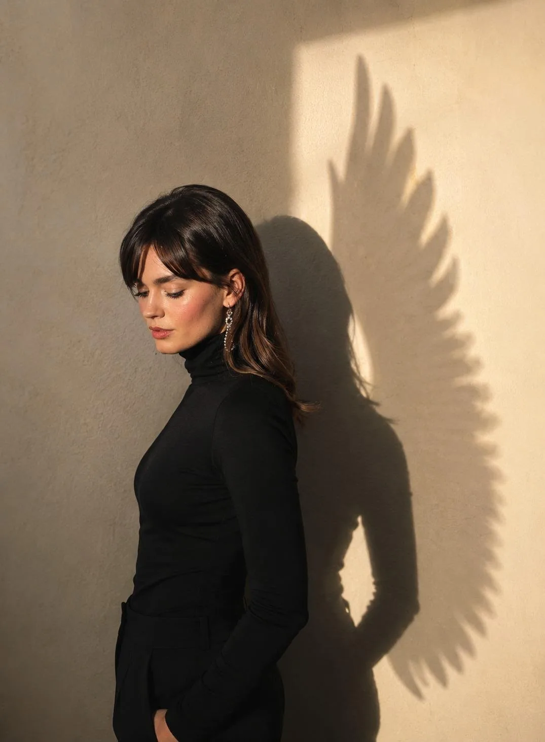 Minimalist woman portrait angel wings shadow — Sonra