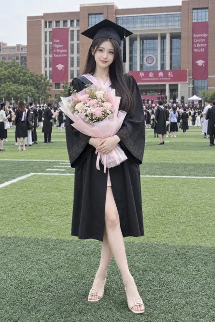 East asian woman university graduation full body portrait