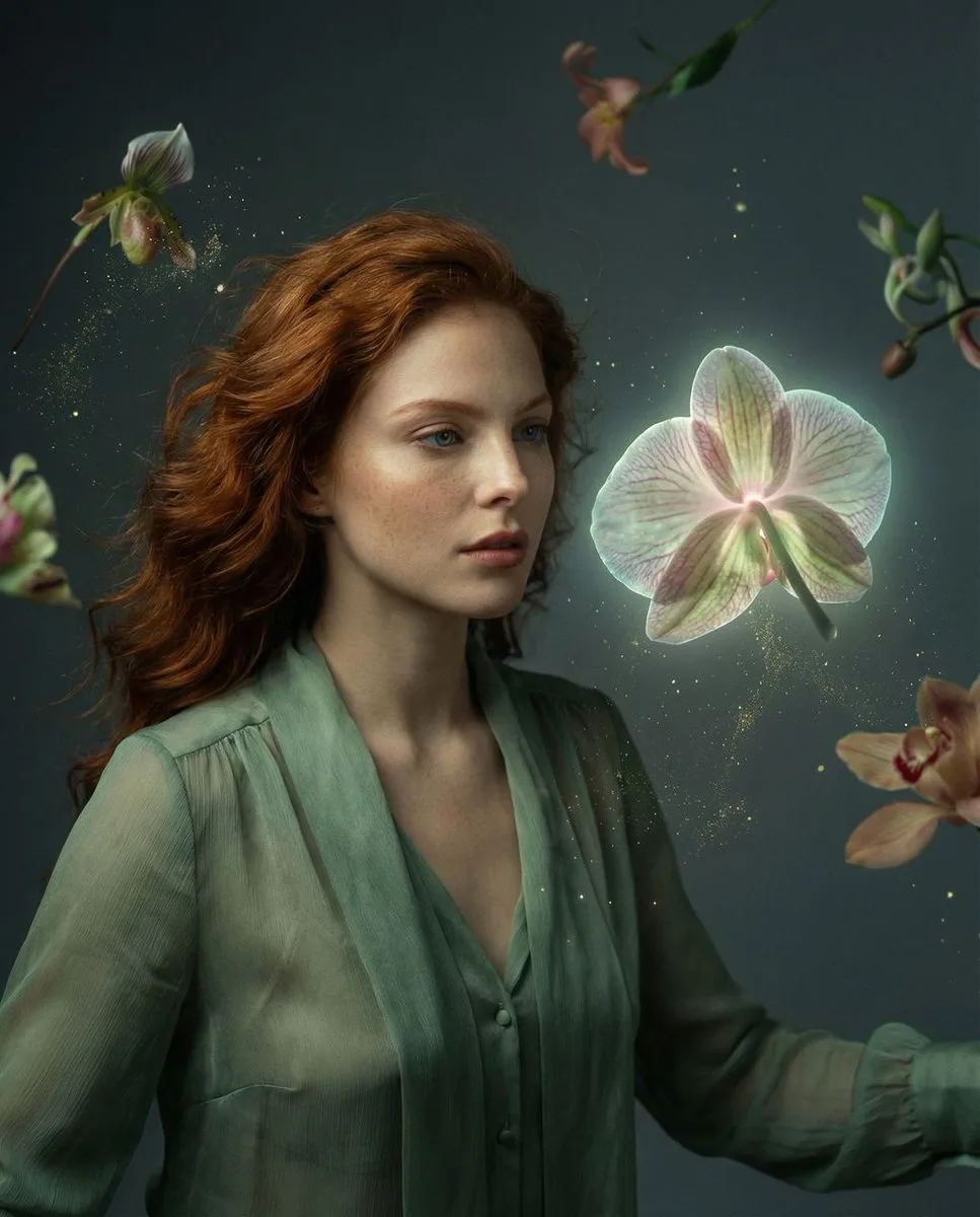 Floating orchids whisper cosmic dream — Sonra