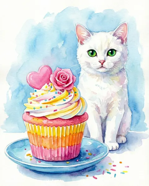 Watercolor cat colorful cupcake