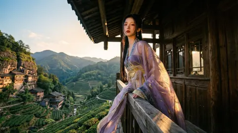 Splendid landscape terraced fields hanfu