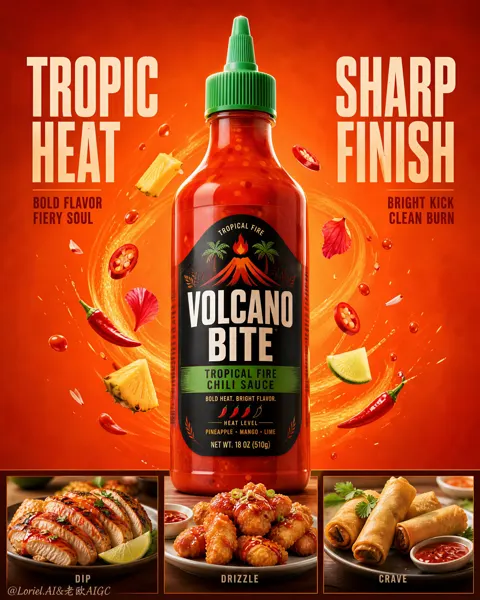 Volcano bite hot sauce commercial poster prompt