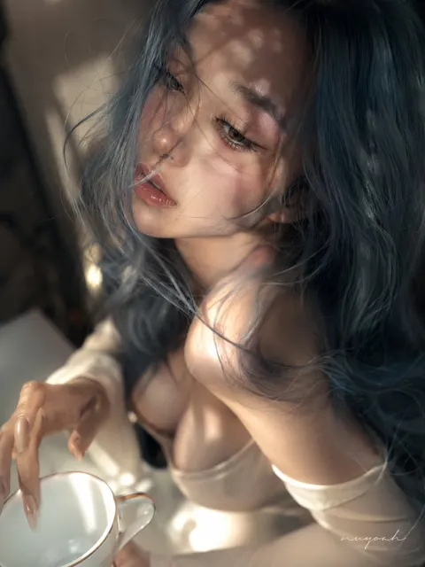 Surreal blue gray hair off the shoulder snapshot