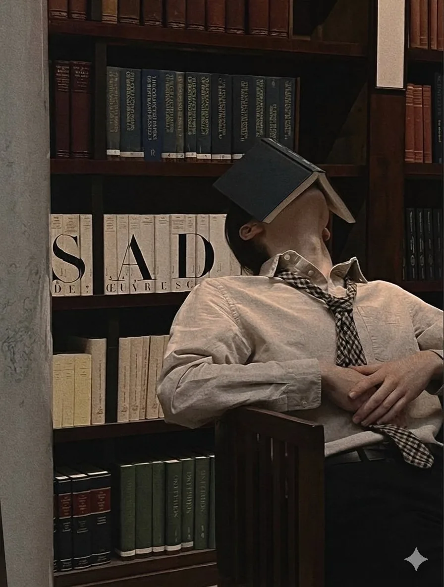 Melancholic youth in library light — Sonra