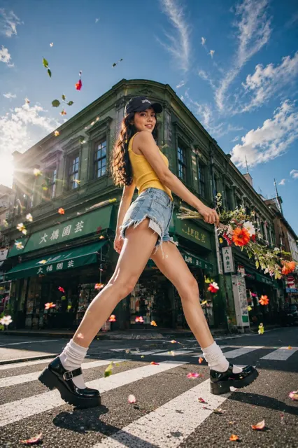 Cinematic street fashion editorial model crosswalk