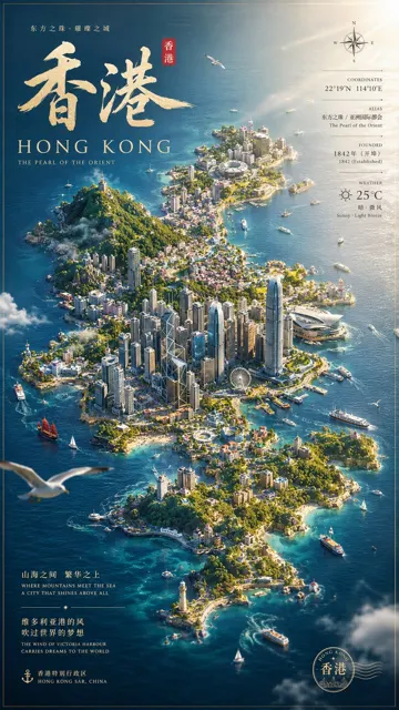 Hong kong miniature city island 3d poster