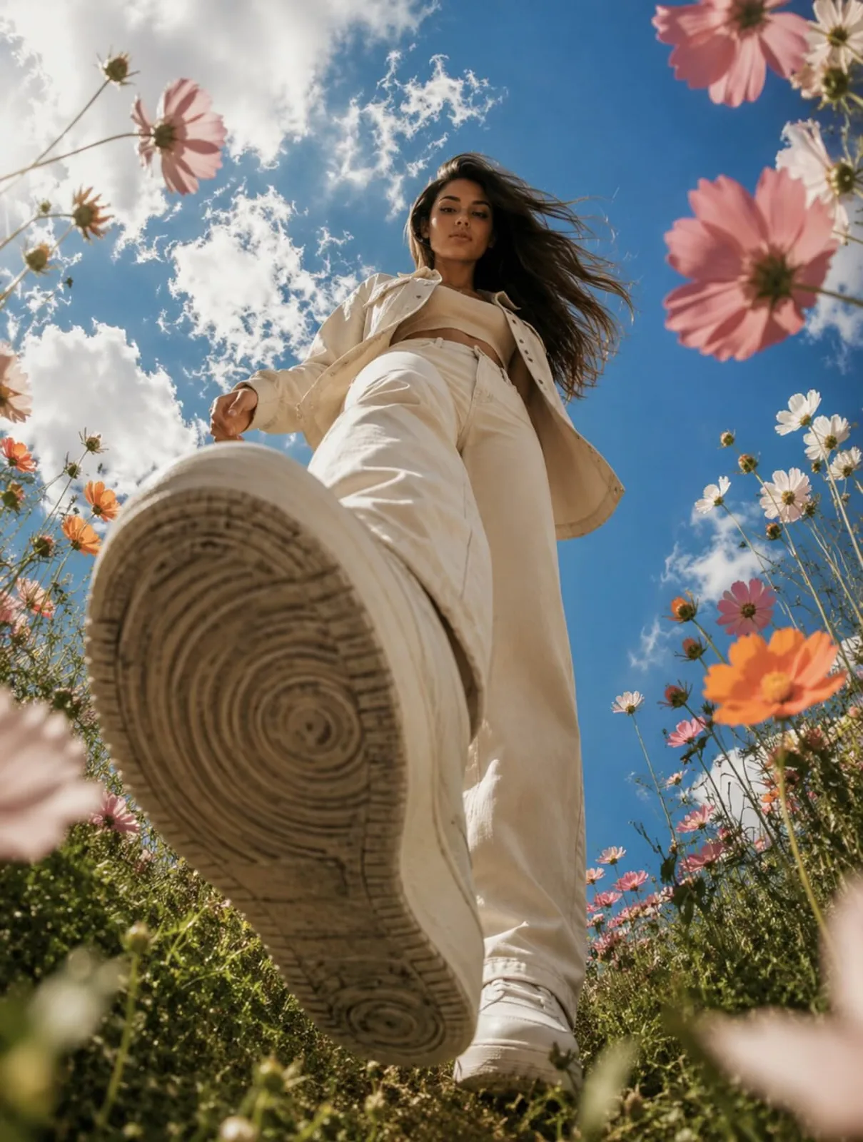 Extreme worms eye view fashion cosmos flower shoot — After