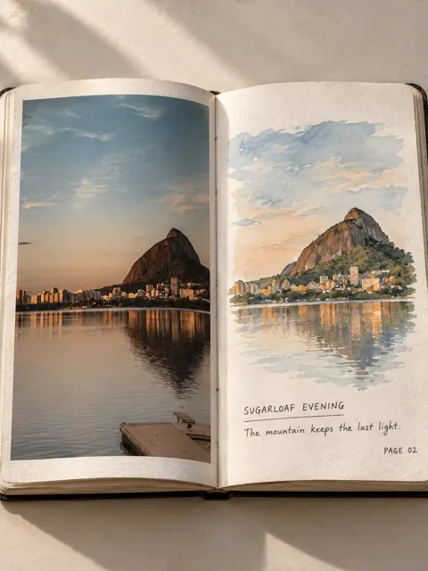 Travel photo to physical sketchbook still life