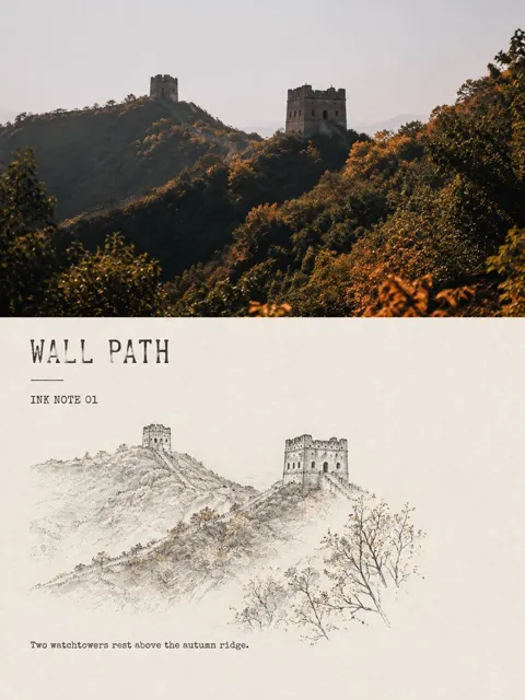 Minimalist ink line landscape travel note comparison poster