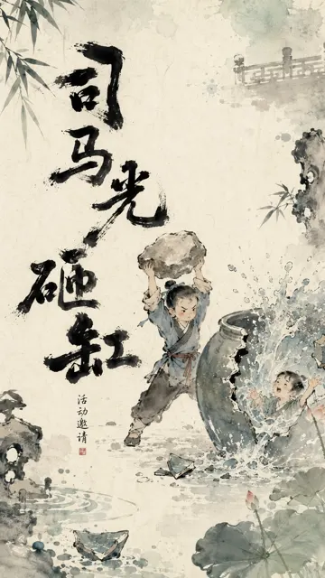 Oriental ink wash animation straw boats borrowing arrows poster