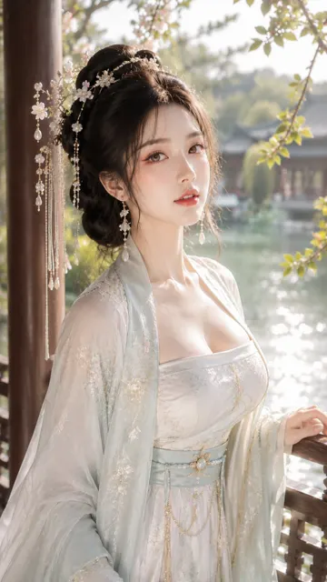 Ancient chinese noblewoman lakeside watery glow portrait