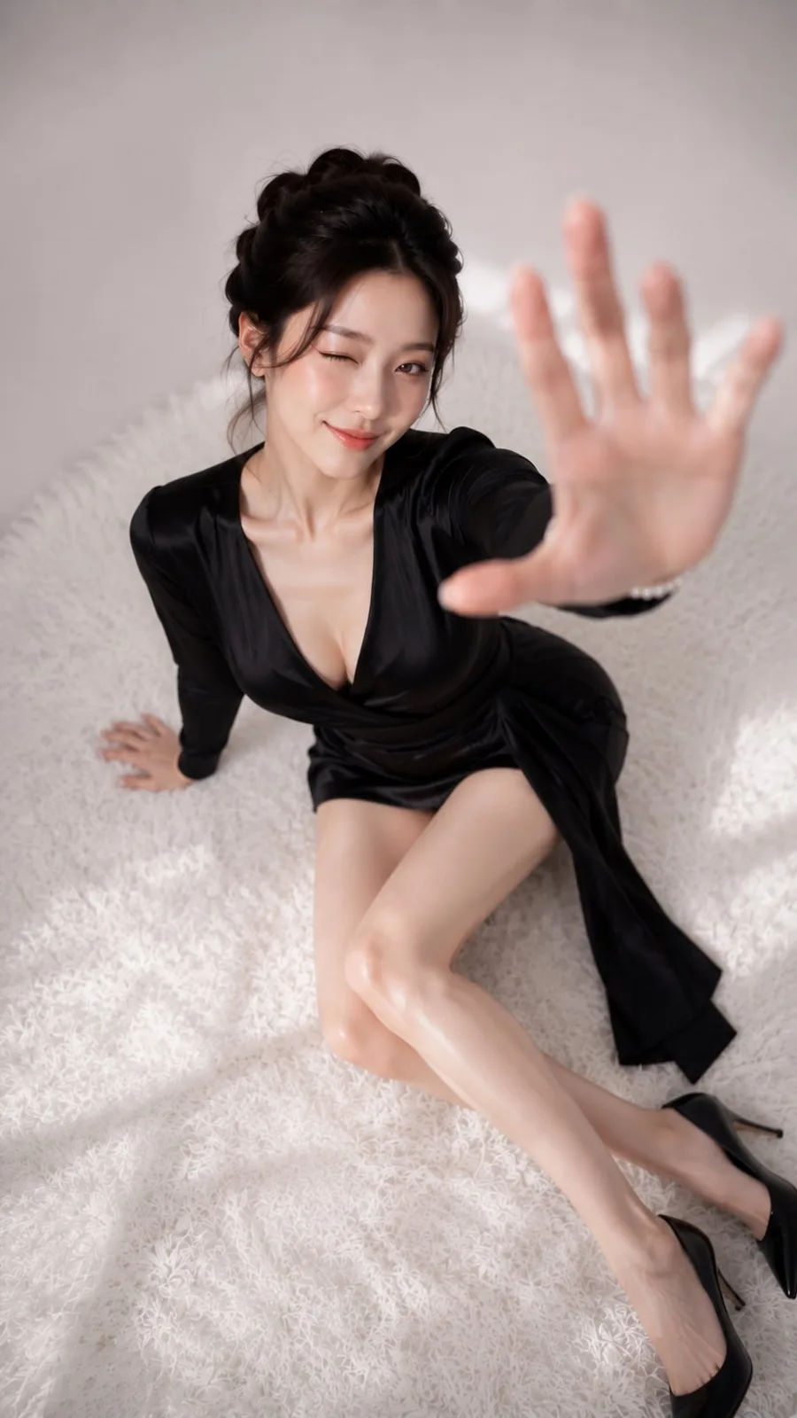 Hyper realistic fashion editorial east asian woman black satin dress — Sonra