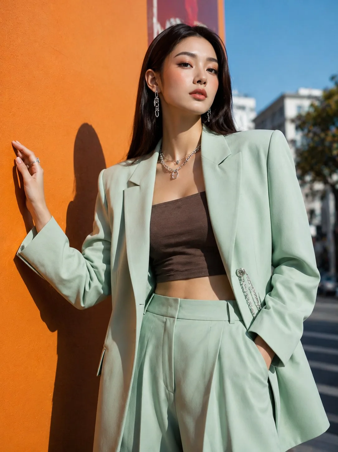 Korean street fashion mint blazer editorial — After
