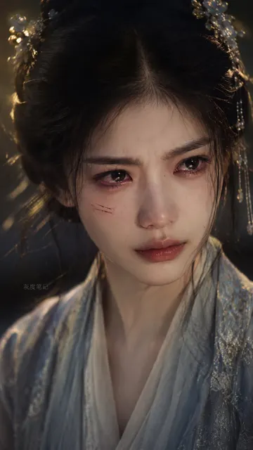 Cinematic ancient chinese girl suppressed hatred portrait