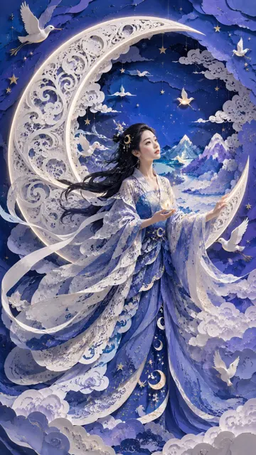 Modern oriental female moon dream 3d paper cut art