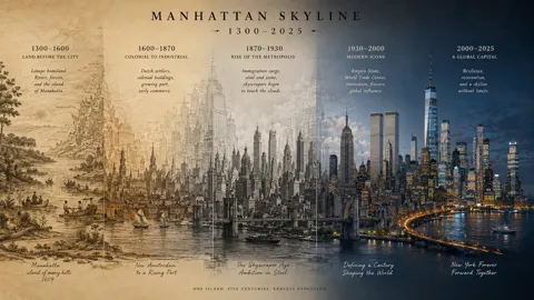 Manhattan skyline time evolution triptych