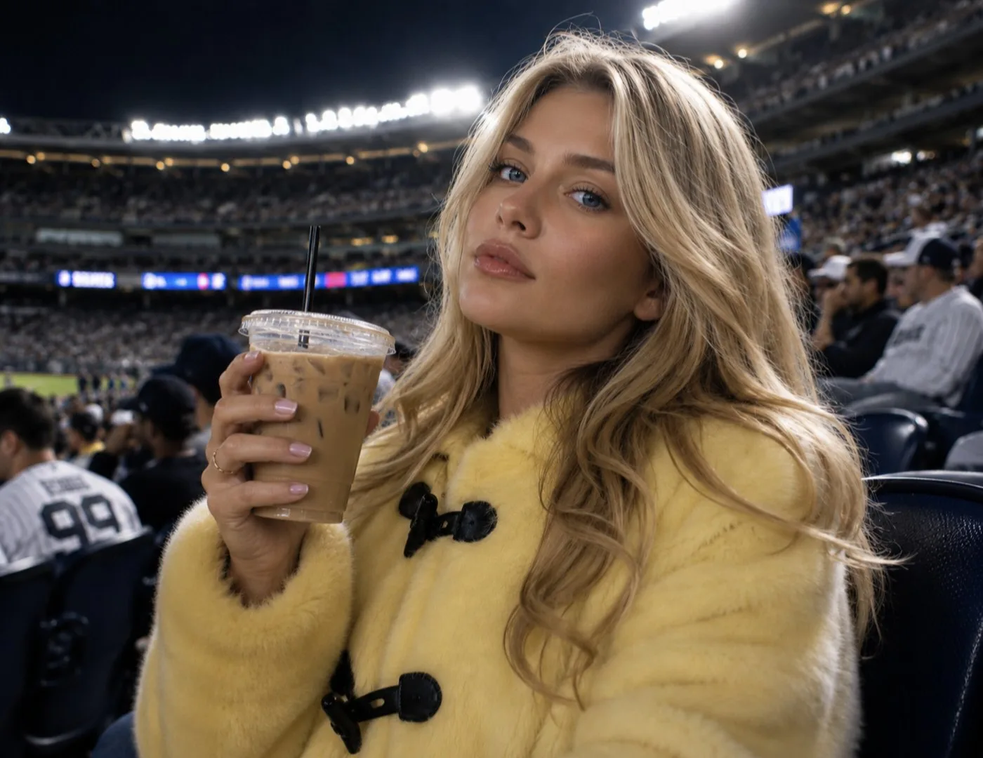 Young woman yellow faux fur coat baseball stadium night — Sonra