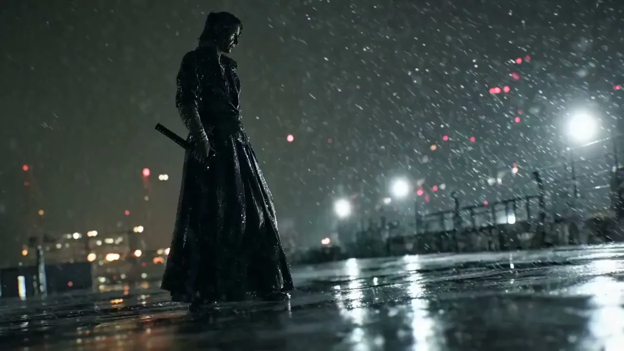 Red blade figure on snowy rooftop — After