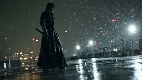 Red blade figure on snowy rooftop